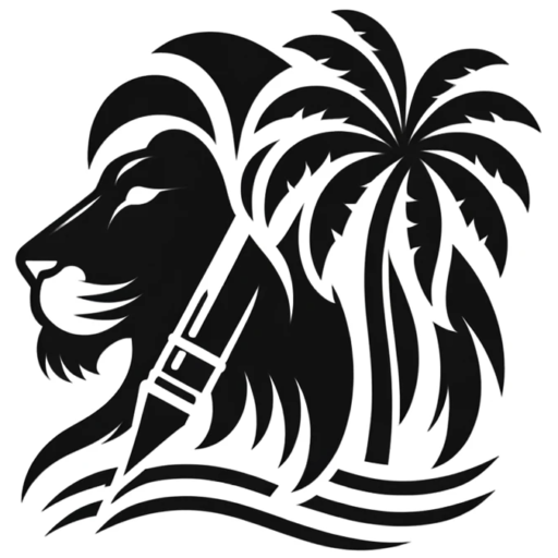 cropped DALL·E 2024 01 12 08.32.49 Modify the existing logo design replacing the pen element with imagery evocative of a beach and palm trees while maintaining the lions side profile拷貝